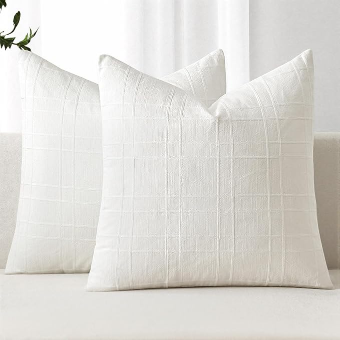 MIULEE Decorative Linen Check Euro Shams Throw Pillow Covers Neutral Farmhouse Vintage Pillow Covers 28x28 Set of 2 Boho Modern Home Decor for Sofa Couch Bedroom Cushion Cream White
