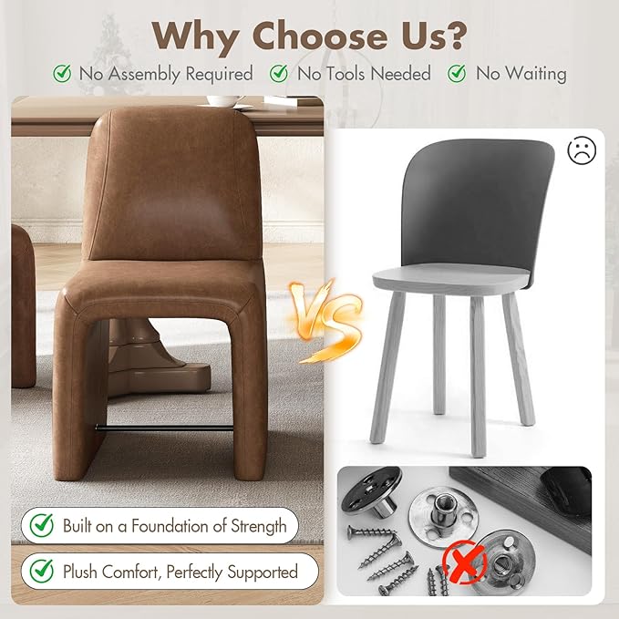 Hyfirm Mid-Century Modern Brown Faux Leather Desk Chair No Assembly Required | Fully Upholstered Armless Accent Chair with Metal Footrest, Comfy Side Chairs for Kitchen, Livingroom, Home Office, Study