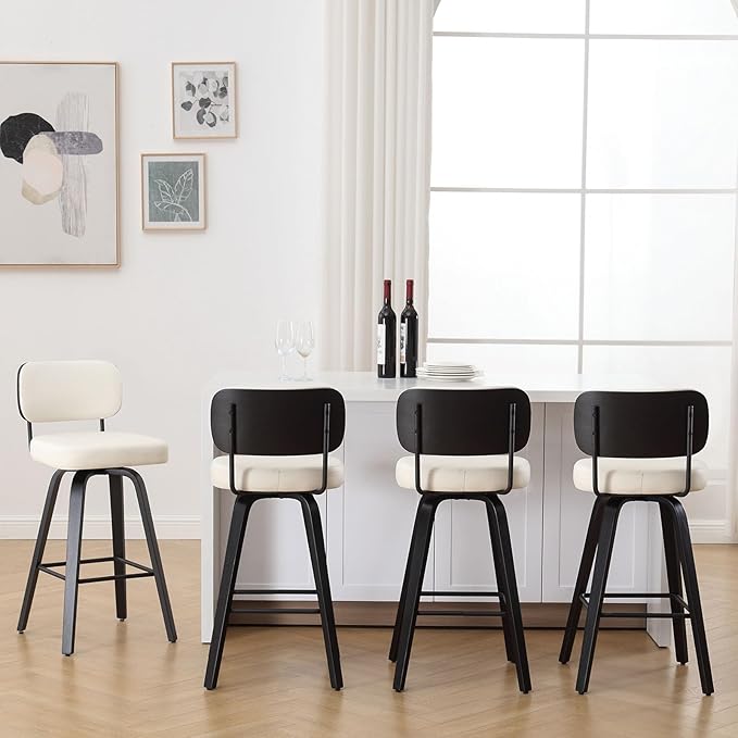 Bekrvio Swivel Bar Height Stools Set of 4, Upholstered Faux Leather Barstools with Back, 29" Seat Height Tall Bar Stools for Kitchen Counter, Black Wood Frame, Cream White