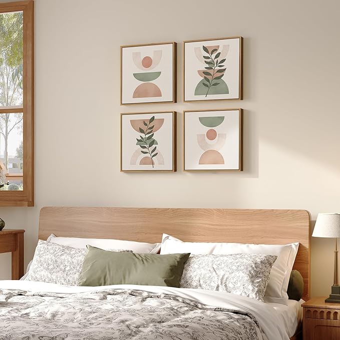 Framed Boho Abstract Wall Art, 4 Piece Pink Green Botanical Plant Modern Pictures Decor, Minimalist Farmhouse Geometric Mid Century Painting Prints for Bathroom Living Room Bedroom 12x12 Inch