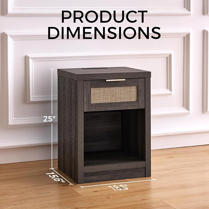 Walsham Night Stand Set 2, Rattan Nightstand with Charging Station, Modern End Table with Drawers, Bed Side Tables Set of 2 for Bedroom Living Room Sofa Couch Office (Midnight Oak)