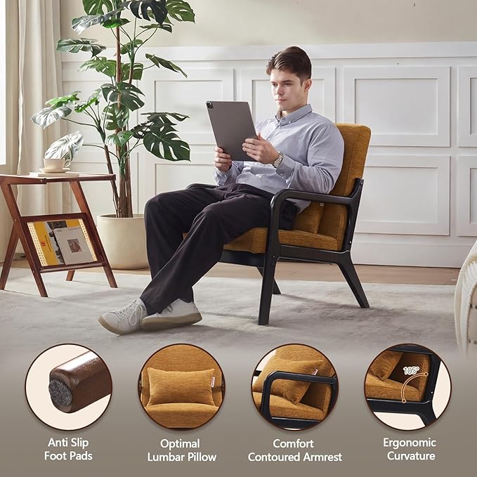 Achicsofar Accent Chair Mid Century Modern Armchair with Lumbar Support Pillow Wood Legs PU Leather Upholstered Lounge Chairs Comfy High Back Cushion for Living Room Bedroom