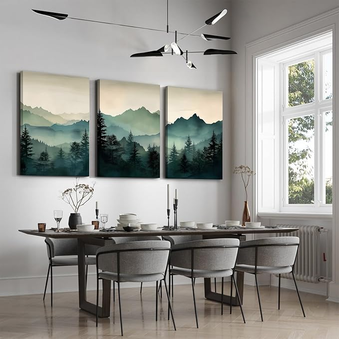 Mountain Wall Art Decor Set of 3 Sage Green Forest Canvas Wall Art Prints Nature Landscape Wall Decor Watercolor Pine Tree Pictures Abstract Modern Painting for Living Room Bedroom 24x36 Inch Framed