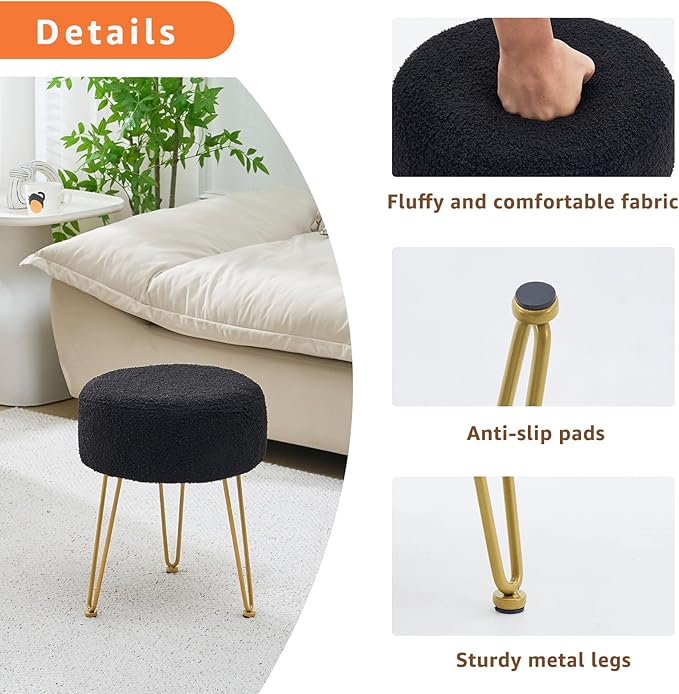 Vanity Stool, Teddy Velvet Ottoman Foot Stool, Dressing Table Seat with Metal Leg Vanity Chair for Bedroom, Living Room, Entryway, Offices