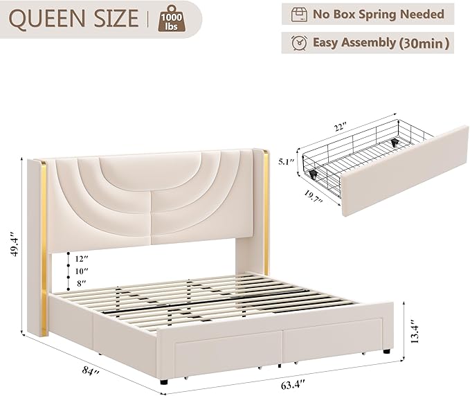 HITHOS Queen Upholstered LED Bed Frame with 2 Storage Drawers, Velvet Platform Bed with Wingback Headboard, Solid Wooden Slats Support, No Box Spring Needed, Headboard Splicing Design, Beige