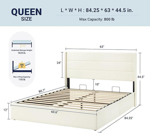 Allewie Queen Size Lift Up Storage Bed, Chenille Fabric Upholstered, Modern Wingback Headboard, Hydraulic Support, No Box Spring Needed, Cream White