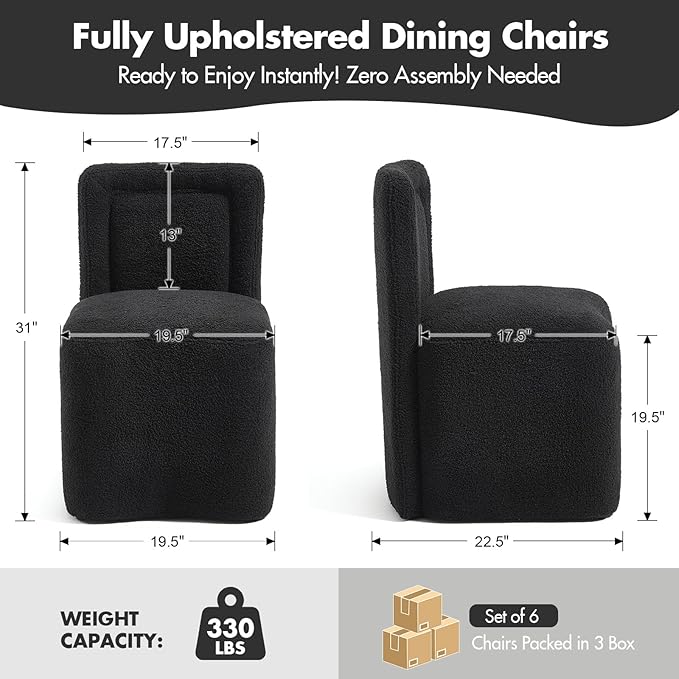 Hyfirm Black Upholstered Dining Chairs Set of 6, Mid-Century Scandinavian Parsons Armless Chairs in Boucle Fabric with Plush Seat Cushion for Diningroom Bedroom Livingroom Reading Room
