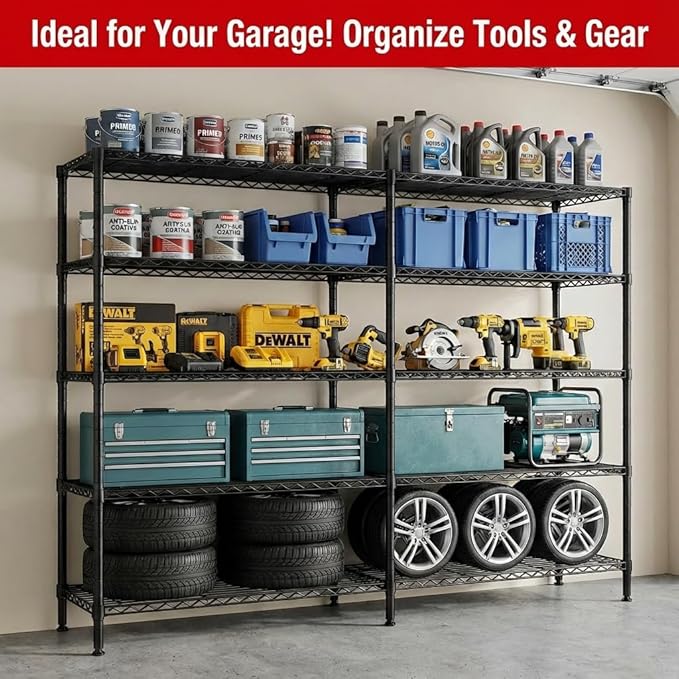 5 Tier Metal Shelving Unit Storage Shelves Load 1500LBS,Adjustable Wire Shelving Pantry Shelves for Storage,Kitchen Shelves Storage Rack for Commercial Garage Shelving Heavy Duty,61.7"W*72.4"H*15.8"D