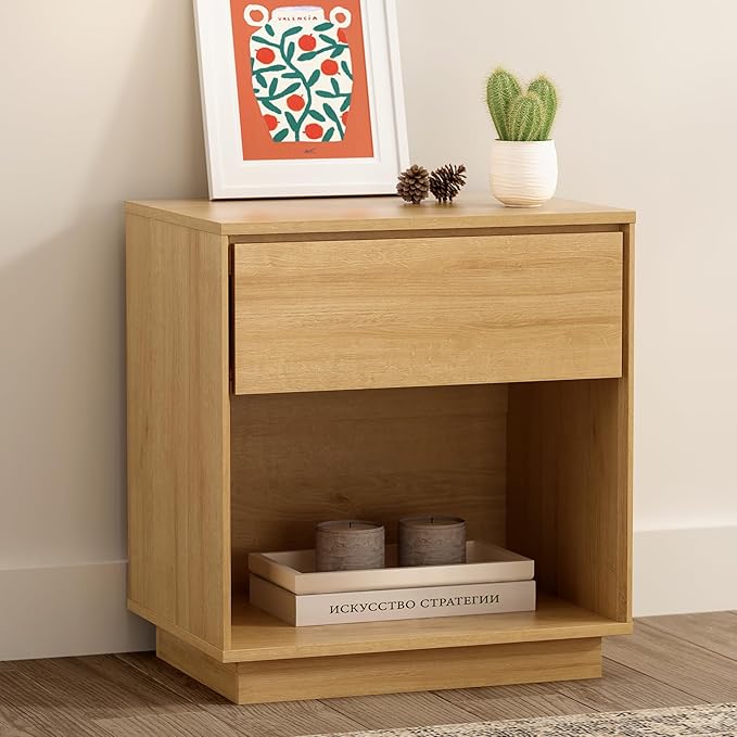 EYYTHUNG Modern Nightstand, Wood End Side Table with Storage and Open Shelf, Farmhouse Accent Night Stand Bedside Table for Bedroom, Natural Oak