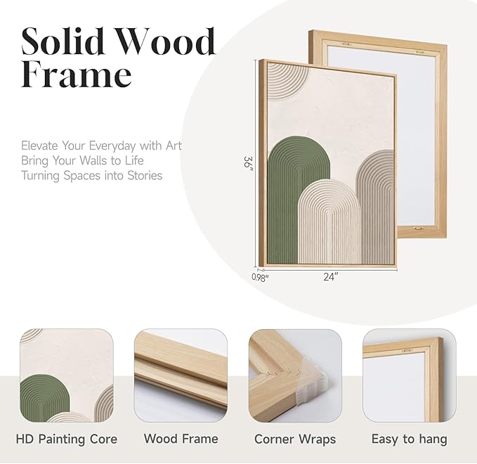 Framed Green Beige Abstract Wall Art for Living Room, 3 Piece Large Neutral Modern Minimalist Canvas Artwork for Walls, Boho Bauhaus Geometric Painting Prints for Bedroom Office Wall Decor, 24x36 Inch