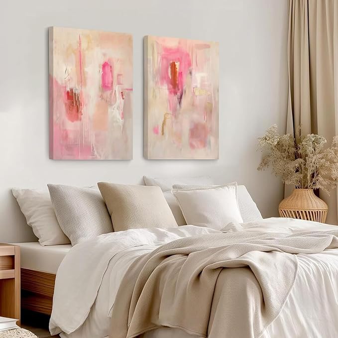 Tocliky Abstract Wall Art Neutral Modern Canvas Painting Decor Pink Beige Minimalist Wall Art Contemporary Abstract Poster Artwork for Living Room Bedroom 16x24 Inch Wrapped Canvas Set of 2