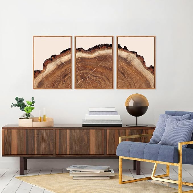 HPINUB Tree Rings Wood Wall Art Framed Set, Modern Beige Wood Stump Wall Decor, Abstract Tree Spiral Wall Painting,Nature-Inspired Art Print for Living Room, Bedroom, Office(Set of 3,12X16 Inch)