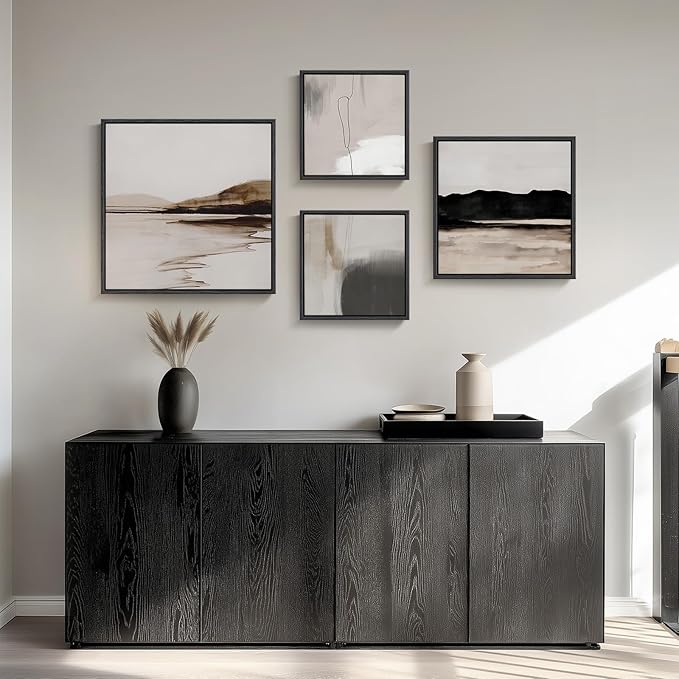 Framed Neutral Abstract Wall Art for Living Room, Set of 4 Piece Modern Landscape Canvas Artworks, Minimalist Black and Gray Painting Prints for Bedroom Dining Room Hallway Home Office Wall Decor
