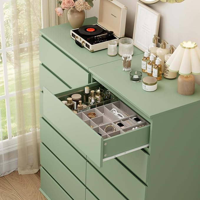 FOTOSOK Green Dresser, 6 Drawer Dresser, Modern Tall Floor Storage Cabinet with Metal Sliding Rail, Wooden Handleless Drawer Cabinet, 6-Layer Large Capacity Vertical Dressers for Home & Office
