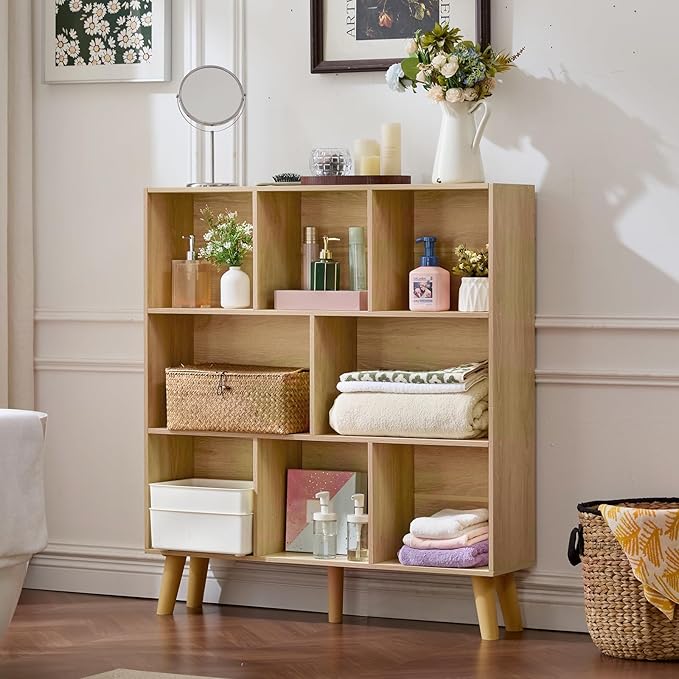 LEYAOYAO 8 Cube Bookshelf,3 Tier Bookcase with Legs,Light Wood Mid-Century Modern Bookshelves,Large Open Storage Organizer Shelf, Wooden Book Case