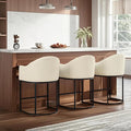 Counter Height Bar Stools Set of 3,Modern Counter Height Bar Stools,Fabric Upholstered Barrel Barstools with Backs,26'' Kitchen Island Chairs,Metal Black Frames,Off White Linen