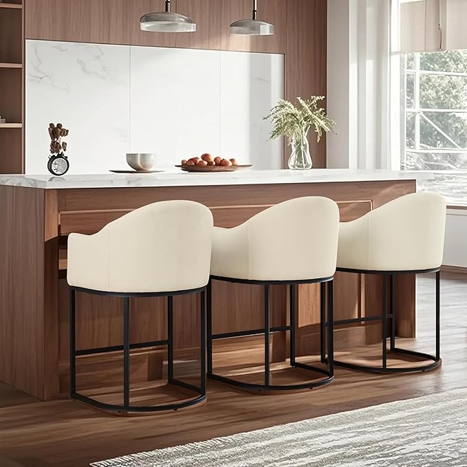 Counter Height Bar Stools Set of 3,Modern Counter Height Bar Stools,Fabric Upholstered Barrel Barstools with Backs,26'' Kitchen Island Chairs,Metal Black Frames,Off White Linen