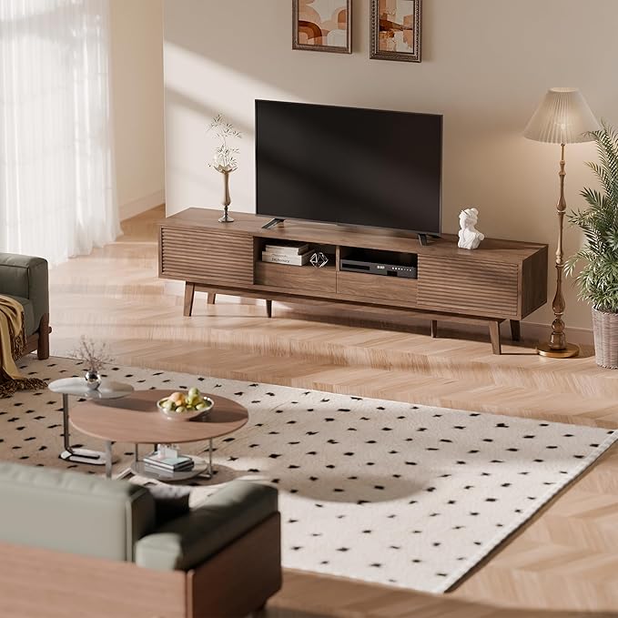 TOLEAD 70" Mid Century Modern TV Stand for TVs up to 75 Inch, Low Profile Entertainment Center with Fluted Sliding Doors & Storage Drawers, Wood TV Console Table for Living Room, Walnut