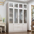 MOUMON 86.6" 4-Door Wardrobe Closet with Frosted Glass Doors & 2 Drawers, Double Hanging Rods & Shelves, Top Storage, Wide Armoire Closet Light Oak 63”W x 19.7”D x 86.6”H