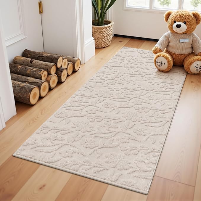 Vaukki 2x4 Runner Rug for Living Room, Soft Fluffy Washable Modern Floral Indoor Floor Mat, Non Slip Shaggy Boho Accent Throw Carpet for Bedroom, Living Room, Entryway and Dining Room, Beige