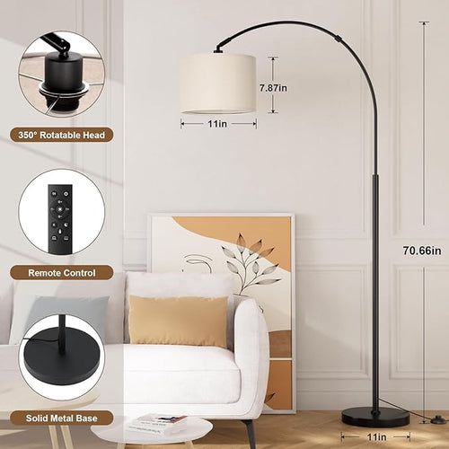 Ambimall 70 Dimmable Arc Floor Lamp with Remote, Color Temperatures and Brightness Adjustable, Arched Floor Lamp with Rotating Head, Over Couch Arched Light for Living Room (Deep Beige and Black)