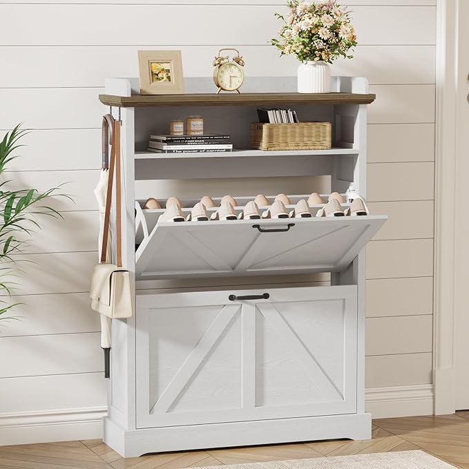 Shoe Cabinet with 2 Flip Drawers, Farmhouse Narrow Shoe Cabinet Organizer with Double-Layer Top, Freestanding entryway organizer with adjustable shelves and hooks, for, Foyer, Hallway, White