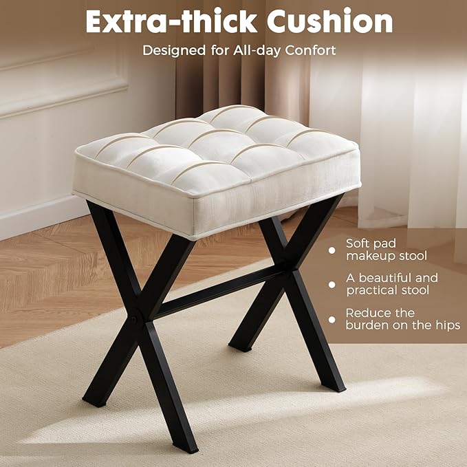 Modern Square Foot Stool Ottoman, Upholstered Vanity Chair with Metal X-Legs & Soft Linen Fabric - Versatile Seat and Footrest for Makeup, Living Room, Bedroom& Entryway(X-Black-White)