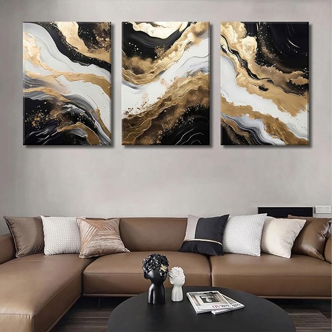 Black and Gold Abstract Canvas Wall Art Set of 3 Abstract Black Gold Marble Wall Decor Pictures Neutral Modern Minimalist Posters Prints for Living Room Bedroom Home Decoration 16x24in