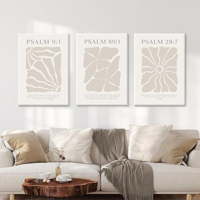 Scripture Christian Wall Art Set of 3 Beige Bible Verses Wall Decor Neutral Psalm Canvas Wall Art Modern Pictures Flower Prints Christian Artwork for Living Room Bedroom 24x36 Inch Ready to Hang