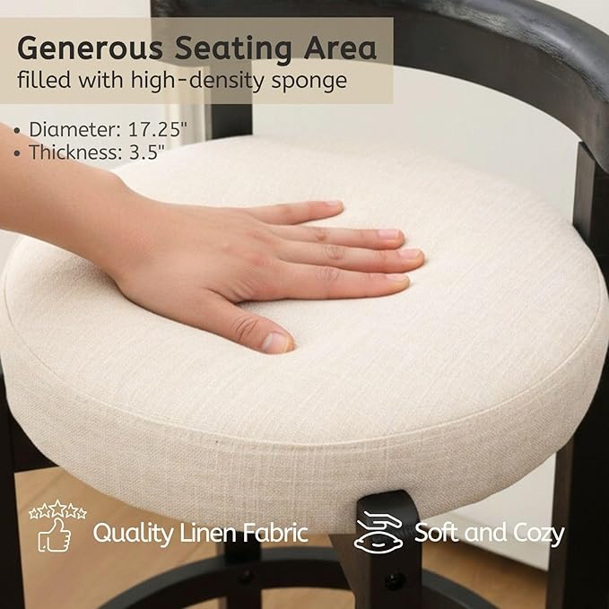 LukeAlon Mid Century Linen Counter Stools Set of 4, Upholstered 26.5” Seat Height Low Barstools with Black Wood Legs Round Low Back Kitchen Stools with Footrest for Dining Room Restaurant, Beige