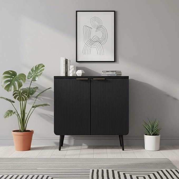 29.5" Modern Fluted Sideboard Cabinet with 2 Doors, Wood Storage Credenza with Shelves, Multi-Purpose Buffet Cabinet for Entryway, Dining & Living Room, Black