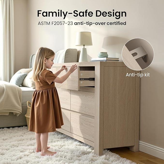 ModernMate 6 Drawer Dresser for Bedroom, 55'' Modern White Oak Chest of Drawers with Charging Station, Wood Bedroom Dresser with Large Storage for Living Room, Entryway, Nursery, Anti-Tipping, Natural