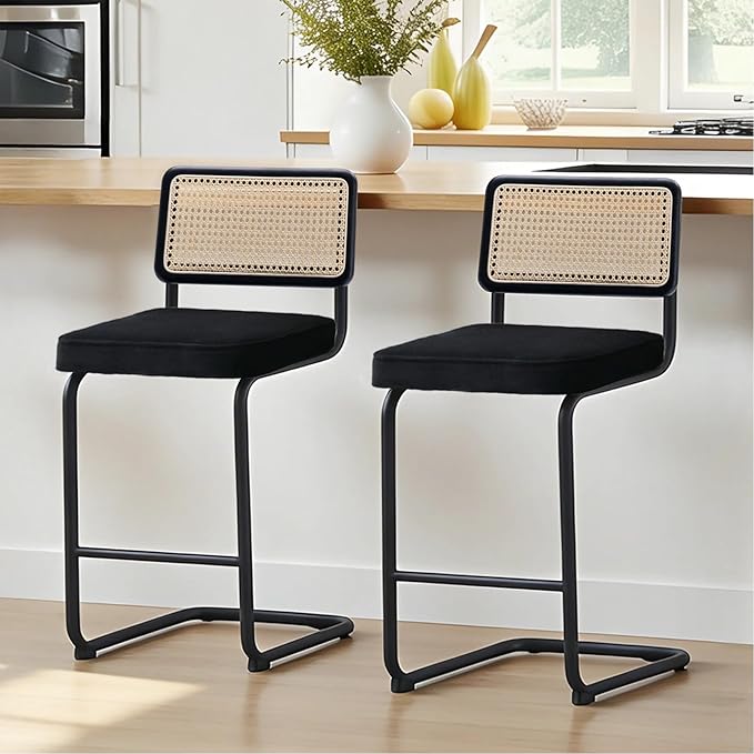 Zesthouse Natural Rattan Bar Stools Set of 2, 26'' Modern Counter Height Stools, Velvet Counter Height Chairs with Solid Wood Back, Mid Century Cantilevered Design Bar Chairs for Kitchen Island, Black