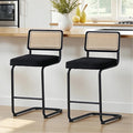 Zesthouse Natural Rattan Bar Stools Set of 2, 26'' Modern Counter Height Stools, Velvet Counter Height Chairs with Solid Wood Back, Mid Century Cantilevered Design Bar Chairs for Kitchen Island, Black