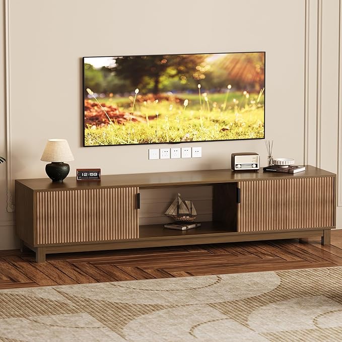 GAOMON 70in Fluted TV Stand, Long Wooden TV Console Mid Century Modern Entertainment Center with Storage Cabinet for TVs Up to 80 Inches Living Room, Walnut