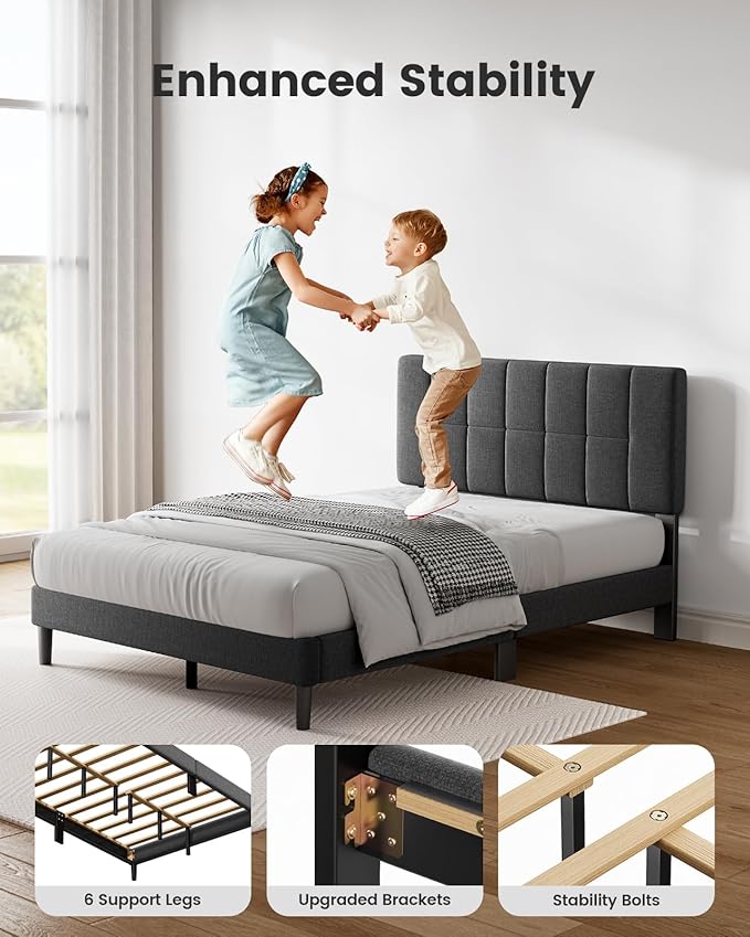 Pipishell Twin Bed Frames with 12 Thickened Legs&Fabric Upholstered Headboard,1300 Lbs Strong Weight Capacity, Adjustable Headboard, No Box Spring Needed, Easy Assembly, Underbed Storage（Solid Wooden）