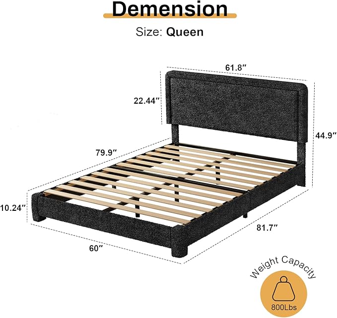 WEUP Queen Size Boucle Bed Frame, Upholstered Cloud Bed Frame with Adjustable Headboard, Soft Rounded Corners, No Box Spring Required, Easy Assembly, Black