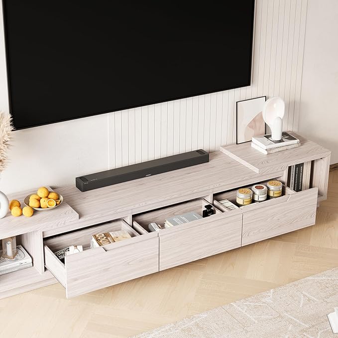 MEISSALIVVE Extendable TV Stand for Up to 120 Inch TV, Modern Entertainment Center with 3 Drawers & 2 Storage Compartments, Adjustable Length (65"-103"), TV Consoles for Living Room & Bedroom (White)