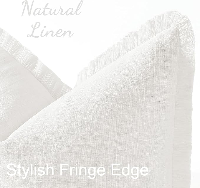 decorUhome Summer Decorative Neutral Linen Fringe Euro Sham Throw Pillow Covers Set of 2 Cream White Pillow Covers with Tassels Soft Farmhouse Boho Accent Pillow Cases for Couch Bed Sofa 26x26 Inch