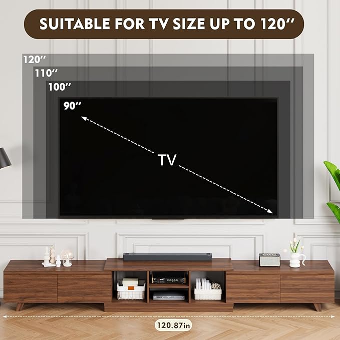 MEISSALIVVE Extendable TV Stand for Up to 120 Inch TV, Modern Entertainment Center with 4 Drawers & 2 Storage Compartments, Adjustable Length (95"-121"), TV Consoles for Living Room (Walnut)