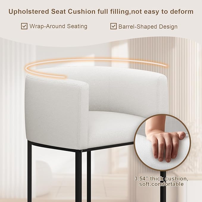 26" H Counter Height Bar Stools Set of 1, Modern Barrel Counter Stools with Backrest and Arms, Linen Fabric Upholstered Accent Barstools for Kitchen Island,Support 450 LBS (White)