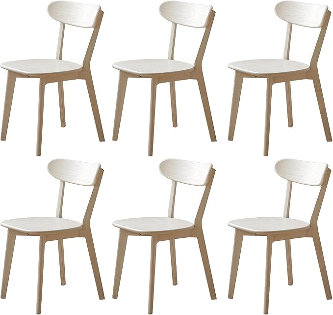 Modern Dining Chairs Set of 6, Solid Oak Wood Dining Chair with Comfortable Backrest, Sturdy Wooden Chairs for Kitchen, Dining Room, White