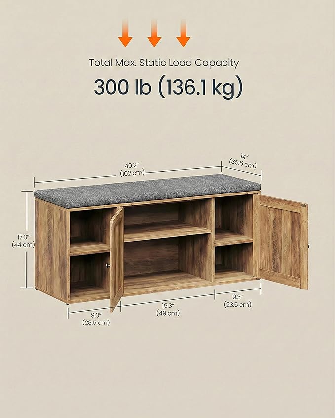 SONGMICS Home Shoe Storage Bench, Superfast Toolless Assembly, Shoe Rack Cabinet with Door & Adjustable Shelf for Entryway/Living Room, 14 x 40.2 x 17.3 Inches, Honey Brown and Slate Gray