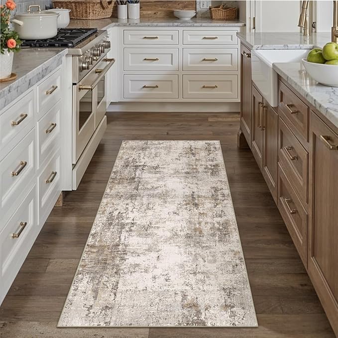 2x6 Washable Runner Rug Brown Grey Abstract Non Slip Soft Low Pile Hallway Kitchen Rug Neutral Modern Carpet for Laundry Bathroom Bedroom Living Room Home Decor
