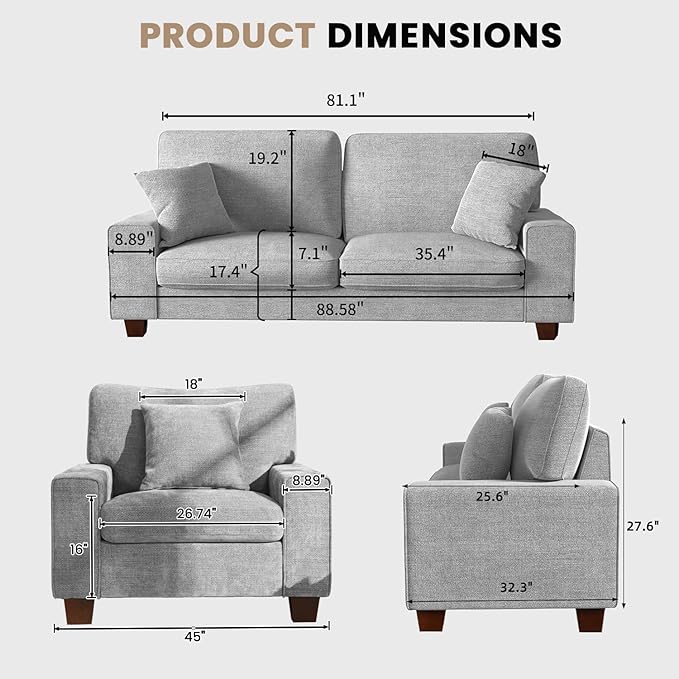 DOPEDIO Modern Living Room Sofa Set, 88.58" Chenille Loveseat with 2 Accent Chairs, Removable Covers, Spring Cushions, Solid Wood Frame, Easy Assembly（88.58inch+2 Single,Light Gray）