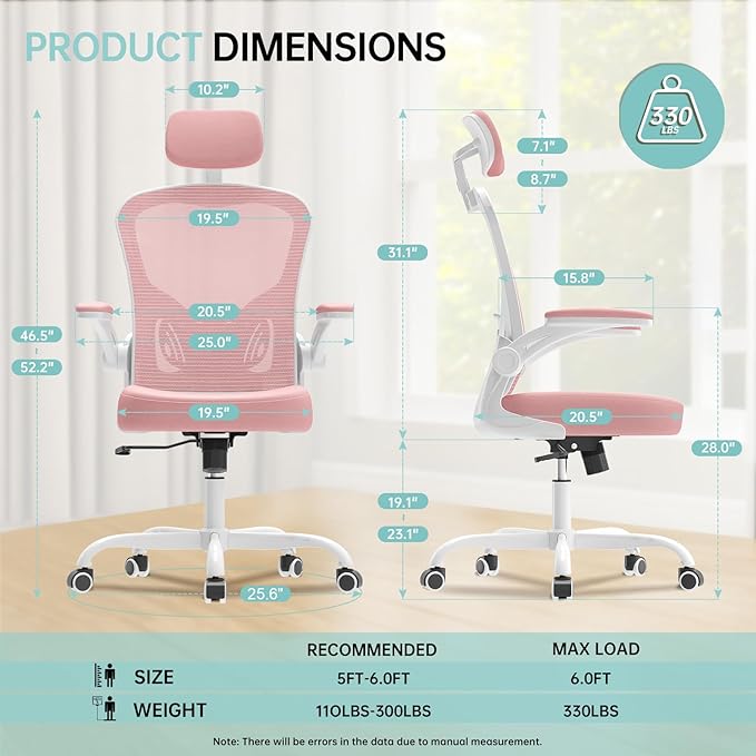 Office Chair Ergonomic Desk Chair, 330LBS Capacity, High Back Computer Design for Long Hours Comfort, Rolling Swivel Executive Task for Home Office with Flip-up Armrests, White Pink