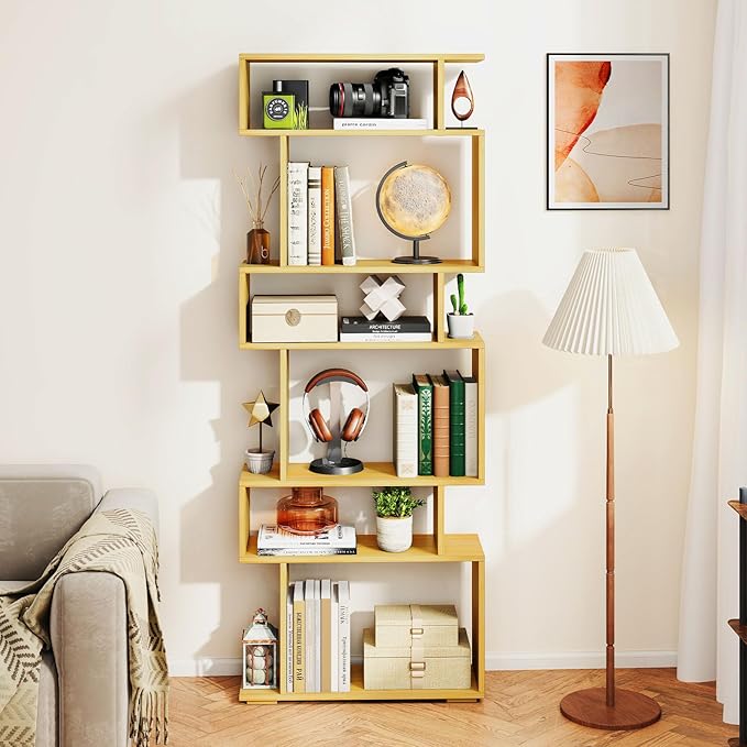 Giantex 6-Tier Geometric Bookshelves Set of 2, S-Shaped Bookcase with 2 Anti-Tipping Kits, Wooden Display Shelf, Decorative Storage Shelving Unit, Home Storage Organizer for Living Room, Burlywood