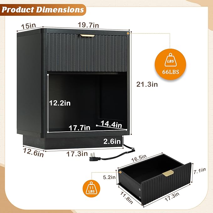 Nasonet Fluted Nightstand Charging Station,Wood Modern Night Stands Storage Cabinet for Bedroom, Black Bedside Table with Drawers