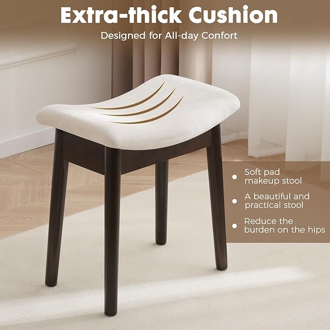 Square Linen Makeup Stool Small Ottoman Stool Chair for Vanity, Modern Padded Seat Foot Rest for Makeup Room, Bathroom (Classic-White)