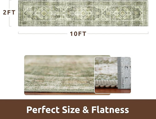 AMOAMI-2X10 Runner Rug-Washable Runners for Hallways-Soft Non Slip Bedside Rugs for Bedroom-Vintage Long Rug for Hallways Entryway Laundry Room Stair Kitchen Bathroom Green